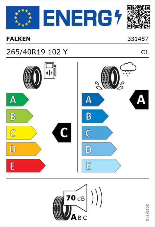 Tyre Label for Falken Azenis FK510 265/40R19 102Y